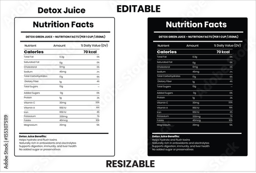 Detox Juice nutrition facts, nutrition facts, nutrition, nutrition label, calories in food, nutrition info, supplement facts, vector template