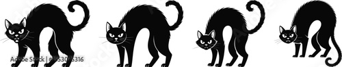 Scared cat silhouette vector, arched back cat with bat icon in black isolated style for design and decoration