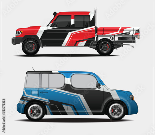 Two stylized vehicles with custom graphic wraps in red black and blue