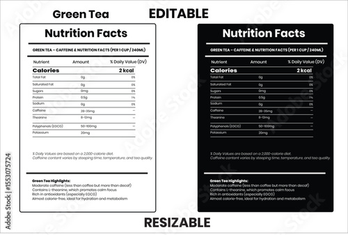  Green Tea nutrition facts, nutrition, nutrition label, calories in food, nutrition info, supplement facts, vector template