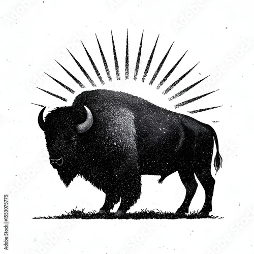bison icon silhouette. Retro letterpress effect. Buffalo symbol with sunbursts isolated on white background. Use for steak house logo, infographics, logotype. Vector design photo
