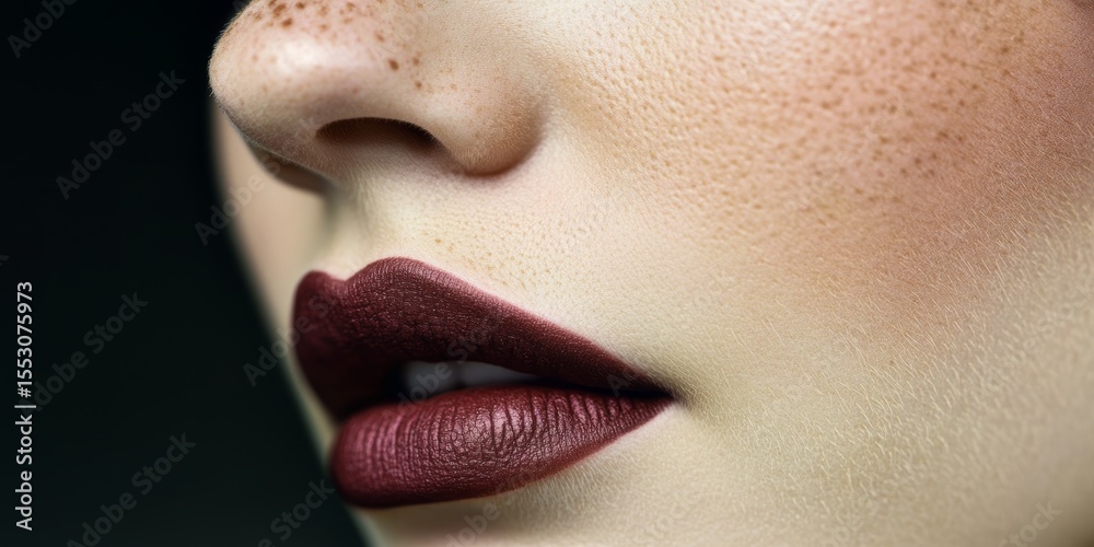 Naklejka premium Stunning Close-up of a Model with Burgundy Lips, Dark Moody Glam, Freckles, and Intense Eye Detail