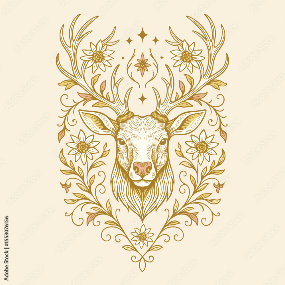 Fototapeta premium Hirsch mit Blumenornament. Alpenländische Vektor Illustration. Nostalgisches Design im Alpenstil. Volksfest Nostalgie im Landhausstil. Vintage Heimatmotive für Hochzeitsdesigns und Volkskunst.