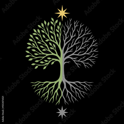 Jahreszeiten-Baum mit Stern. Symbolischer Baum im Wandel der Jahreszeiten: hell & dunkel, Leben & Ruhe. Spirituelles Design mit Stern - ideal für Naturzyklen, Balance, Transformation & Esoterik.