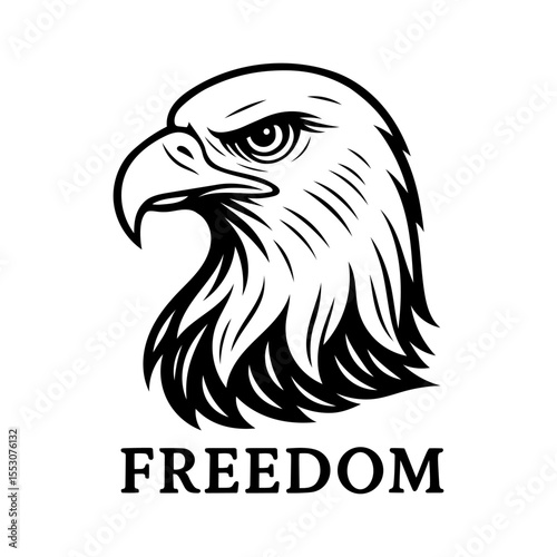 Stilisierter Adlerkopf mit Schriftzug „Freedom“ - kraftvolles Symbol für Stärke, Unabhängigkeit und Mut. Perfekt für patriotische Designs, Wandbilder, Tattoos und Printables.