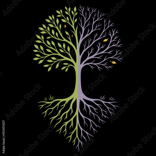 Symbolischer Lebensbaum mit Tag- und Nachtseite, Jahreszeiten-Farben und feinen Wurzeln. Spirituelles Naturmotiv für Wandkunst, Tattoos, Achtsamkeit und persönliche Transformation.