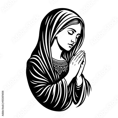 Betende Maria. Detailreiches Schwarzweiß-Porträt einer betenden Frau im ikonischen Stil. Spirituelles Symbol für Glaube, Hoffnung und Hingabe - ideal für Tattoo, Poster oder sakrale Kunst.