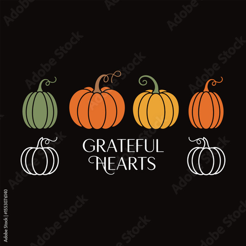 Thanksgiving or fall themed illustration featuring pumpkins and grateful hearts text on black background