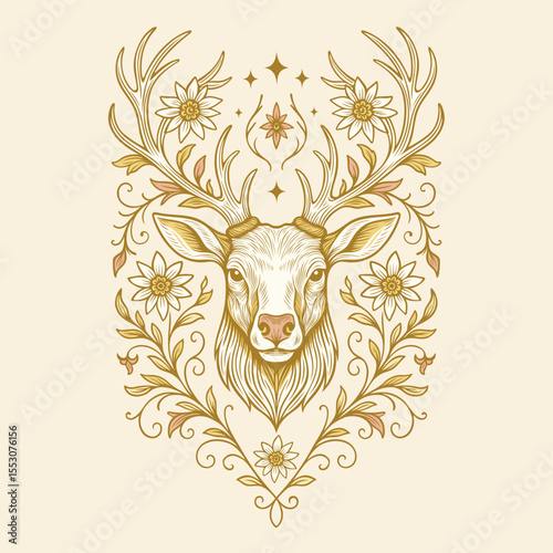 Hirsch mit Blumenornament. Alpenländische Vektor Illustration. Nostalgisches Design im Alpenstil. Volksfest Nostalgie im Landhausstil. Vintage Heimatmotive für Hochzeitsdesigns und Volkskunst.