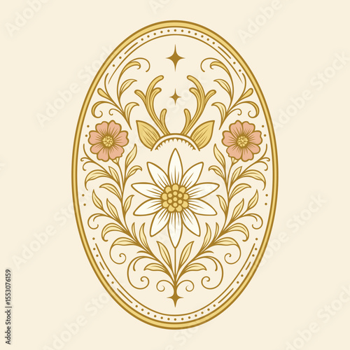 Edelweiß mit Geweih und Blumen im Oval. Nostalgisches Vektordesign im Alpenstil. Volksfest Nostalgie im Landhausstil. Ideal für romantische Deko, Hochzeitsdesigns, Volkskunst, alpine Geschenkideen.