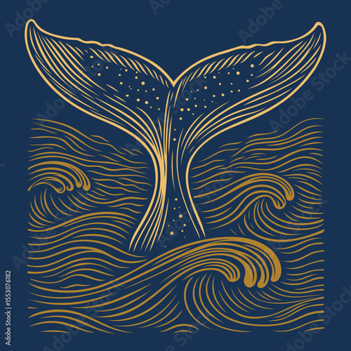 Walflosse im Ozean. Stilisiertes Walflossen-Motiv mit goldenen Linien auf tiefblauem Hintergrund. Symbolisiert Freiheit, Tiefe und Naturkraft - für maritime, spirituelle oder naturbezogene Designs.
