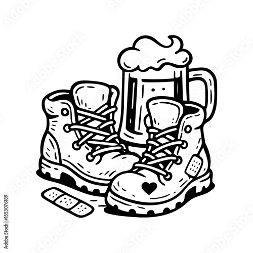 Wanderstiefel mit Bierkrug. Schwarz-weiß Illustration mit Wanderschuhen, Bierkrug und Pflaster. Symbol für Auszeit, Abenteuer, Feierabendbier nach der Tour - humorvoll, klar, ideal für Bergfreunde.