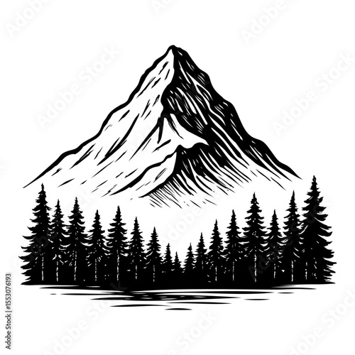 Berglandschaft mit Tannenwald - klare Linien, ruhige Naturästhetik. Ideal für Wandbilder, Outdoor-Designs, Tattoos oder Camping-Projekte. Symbol für Freiheit, Stille und Wildnis.