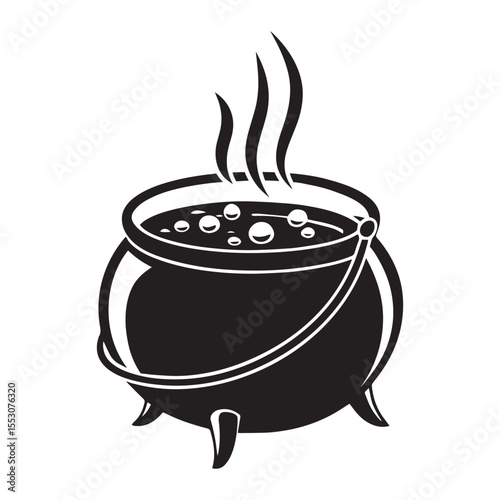 A black and white illustration of a cauldron with bubbling liquid silhouette Vector
