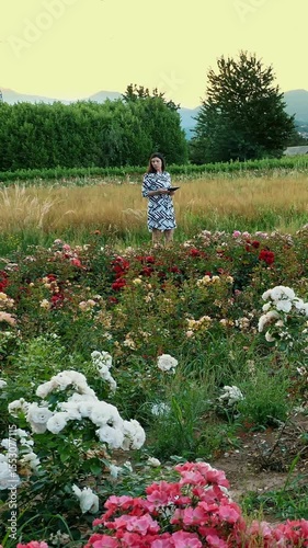 Employee taking notes on work. Flowers. Writes to tablet. Horticultural farm. Agricultural enterprise. Field of roses. Against the backdrop of mountains. Sunset. Specialist.
