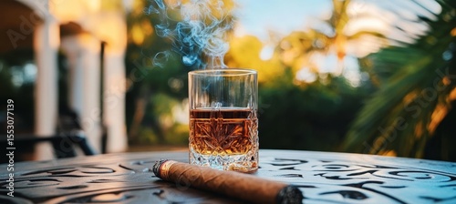 Elegant Faceted Whiskey Glass on a Tastefully Adorned Table with a Smoldering Cigar Outdoors