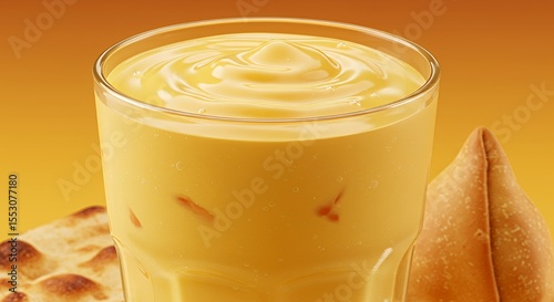 Creamy Mango Lassi in a Glass with Naan Bread and Samosa