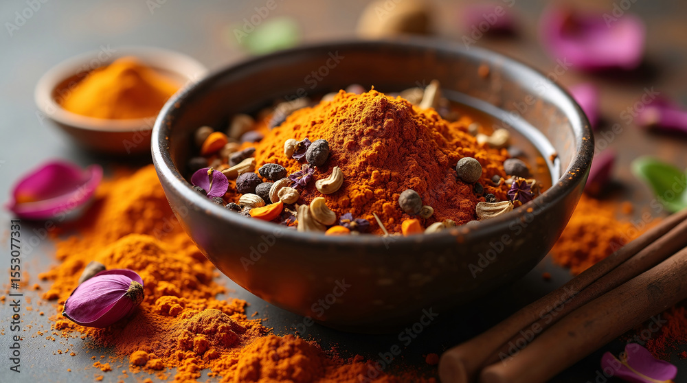 Sensual ayurvedic tea blend in ceramic bowl with powdered spices and dried petals, soft-focus overhead composition in natural warm tones, wellness ritual style, Sensual ayurvedic tea blend in ceramic bowl with powdered spices and dried petals, soft-focus overhead composition in natural warm tones, wellness ritual style,