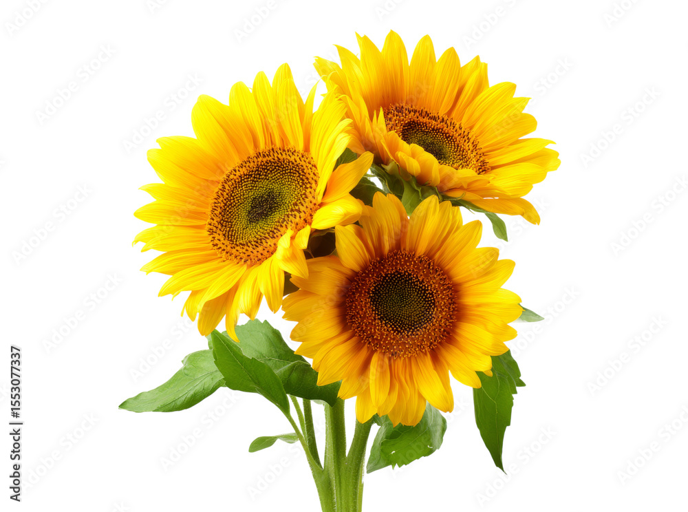 Obraz premium Three vibrant sunflowers isolated on black background, Isolated On Transparent Background