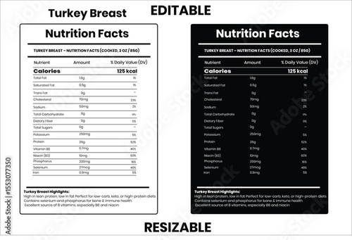 Turkey Breast nutrition facts, nutrition facts, food label, calorie chart, protein infographic, healthy eating, vitamin chart, editable template, diet plan, meal prep nutrition, food packaging label