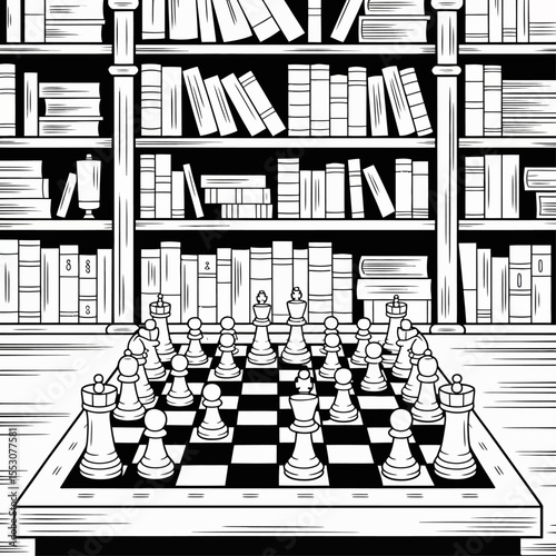 Line art illustration of chess in a vintage library with tall bookshelves 