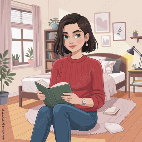 Stylish young woman with black hair and green eyes reading a book in cozy modern bedroom with warm lighting 