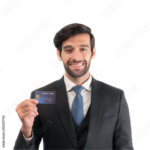 Confident young businessman in black suit smiling and holding credit card in hand, isolated on a transparent background, concept of finance, banking, payment, credit, e-commerce and modern lifestyle