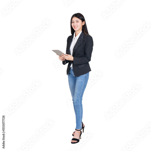 Young Asian businesswoman standing and holding digital tablet, wearing black blazer and jeans, smiling confidently, isolated on a transparent background, modern business and technology concept