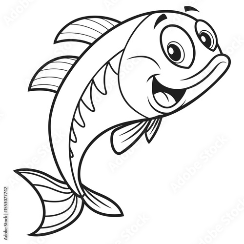 Happy Cartoon Fish Line Drawing Black White line art