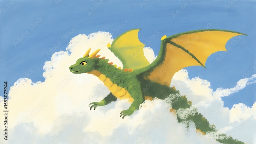 Obraz premium Green dragon flying in clouds, children's book style, adventure concept