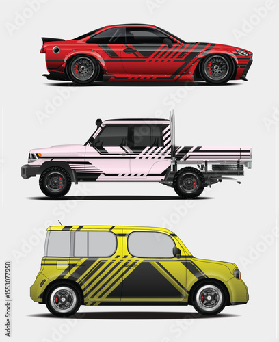 Three Stylized Cars with Bold Geometric Graphics in Red Pink and Yellow