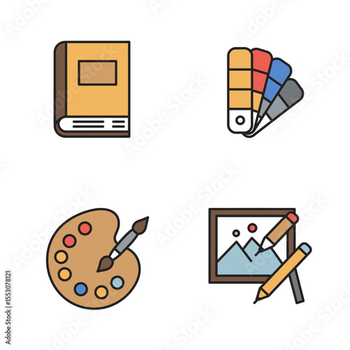 set of coloring pencil, art brood, book, brash, icons