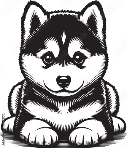 Siberian Husky Dog Vector Illustration in Black and White	