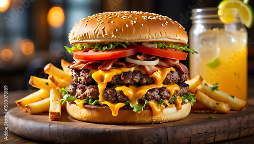 Delicious double cheese burger with melted cheddar crispy bacon fresh lettuce tomato and onions on a sesame seed bun placed on a rustic wooden plate with a cold drink and fries beside it