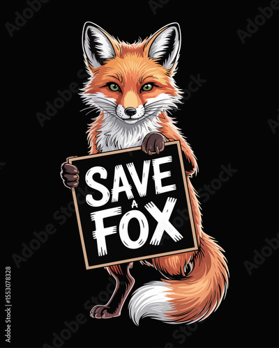 A standing fox with soft, expressive eyes and a gentle demeanor is holding a small cardboard sign save a fox 