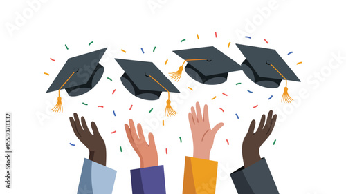 Graduates Throwing Hats in the Air: Students Celebrating School, College, or University Graduation – Flat Cartoon Vector Illustration
