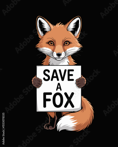 A standing fox with soft, expressive eyes and a gentle demeanor is holding a small cardboard sign save a fox 