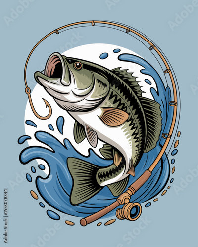 A stylized design of a jumping fish largemouth bass in a circular design against a white background. the fish is rendered in detailed scales and fins, leaping upward with its mouth 