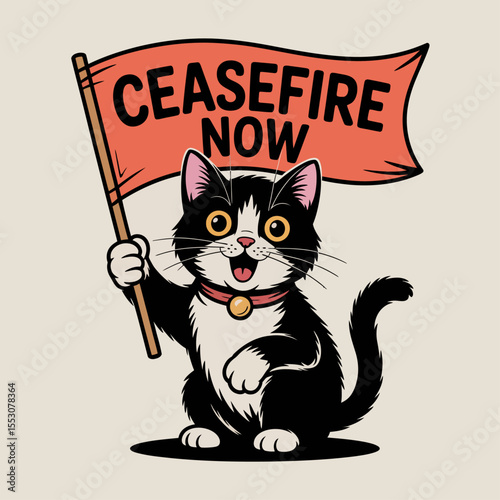 Protest cat t shirt design bold cartoon kitten holding 'ceasefire now' banner, activist graphic for screen printing & dtg, cute but powerful peace message 