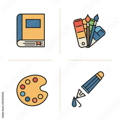 set of coloring pencil, art brood, book, brash, icons