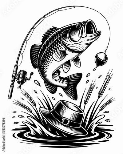 A black and white woodcut style design of a jumping largemouth bass fish with scale patterns and fins. the fish is leaping out of water with its mouth open, creating a dynamic spla 