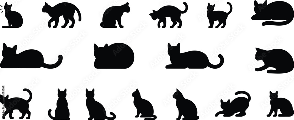 Obraz premium Cat silhouette vector set, collection of simple cat pose icon in black isolated style for design and decoration