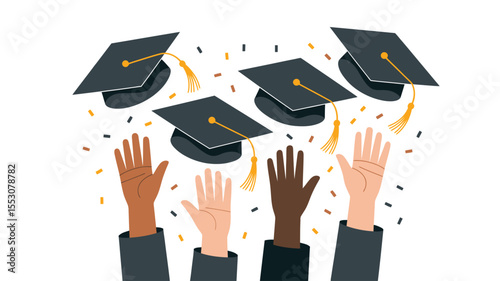 Human Hands Throwing Graduation Hats in the Air. Graduate Students celebrate End of the School, College or University. Flat Cartoon Vector Illustration