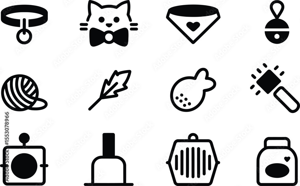 Fototapeta premium Cat accessory silhouette vector set, collection of cat collar, bow, yarn, feather, and carrier icon in black isolated style