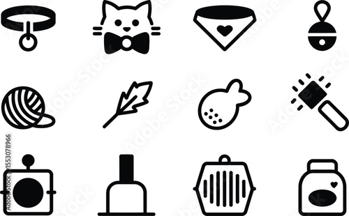 Cat accessory silhouette vector set, collection of cat collar, bow, yarn, feather, and carrier icon in black isolated style