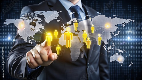 A businessman points at a digital world map showing global connections