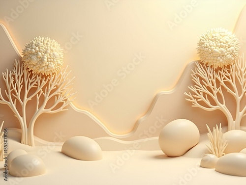 3D relief sculpture landscape scene background is light beige co