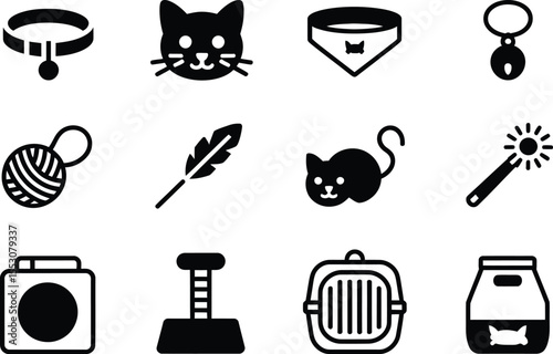 Cat accessory silhouette vector set, collection of cat collar, toy, yarn, feather, and carrier icon in black isolated style