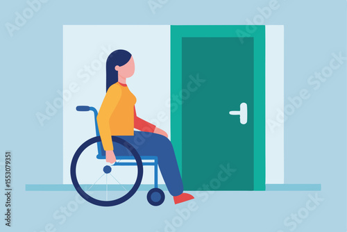 Woman in wheelchair approaching a door accessibility inclusion