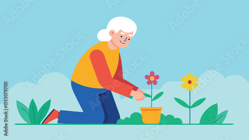 Elderly woman kneeling planting flowers in garden